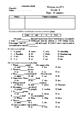 Đề kiểm tra 1 tiết số 1 môn Tiếng Anh Khối 6